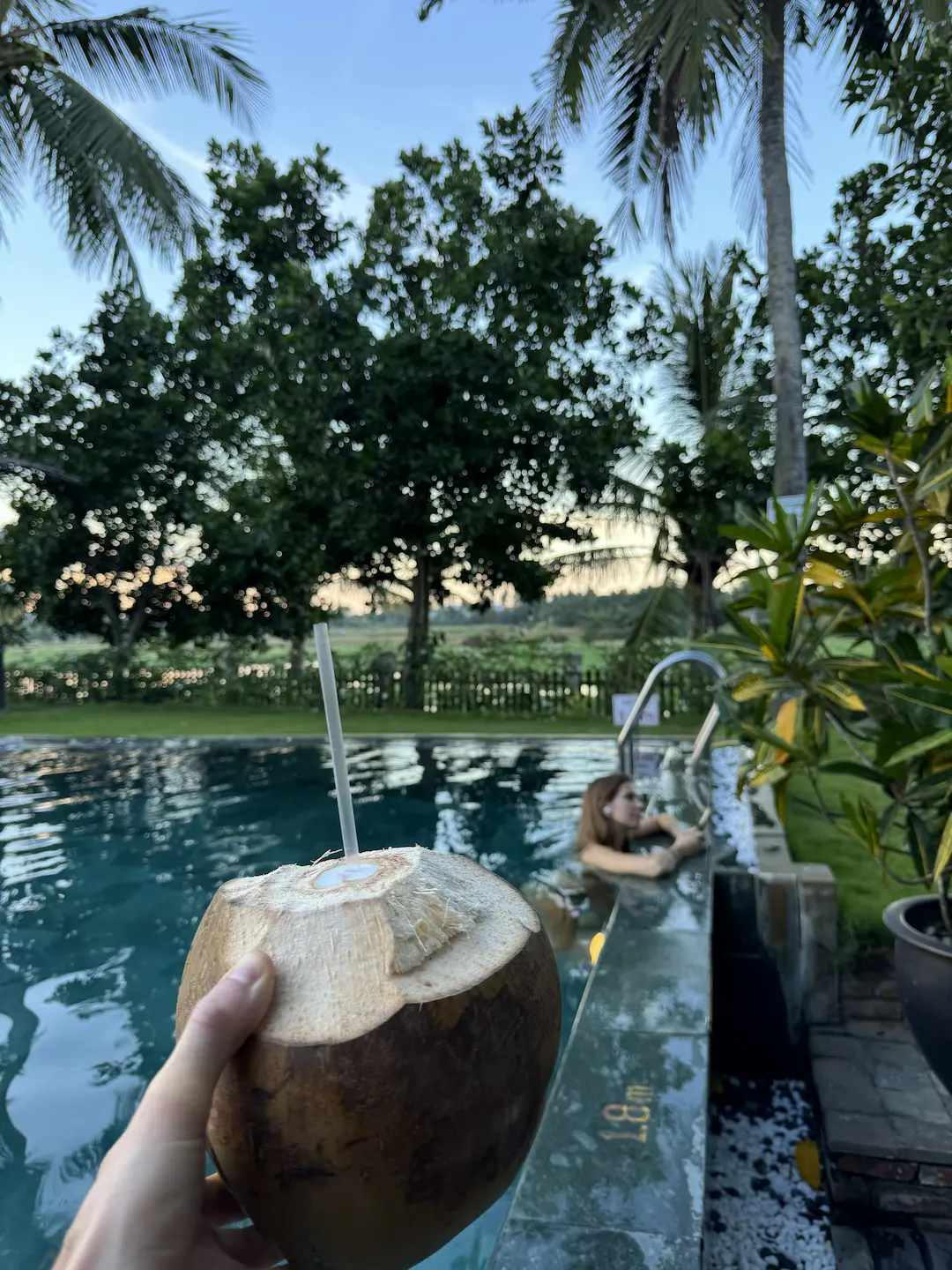 Hand pouring liquid from a coconut with tropical pool and palm trees behind